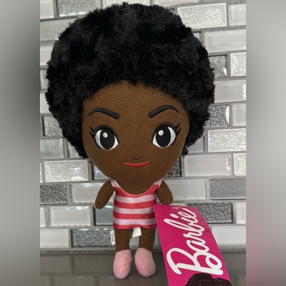 2023 Mattel Barbie Plush Doll with Black Curly Hair and Pink Stripe Dress